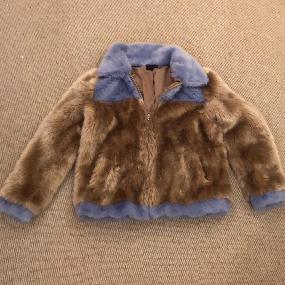 Light brown and blue zip up faux fur coat